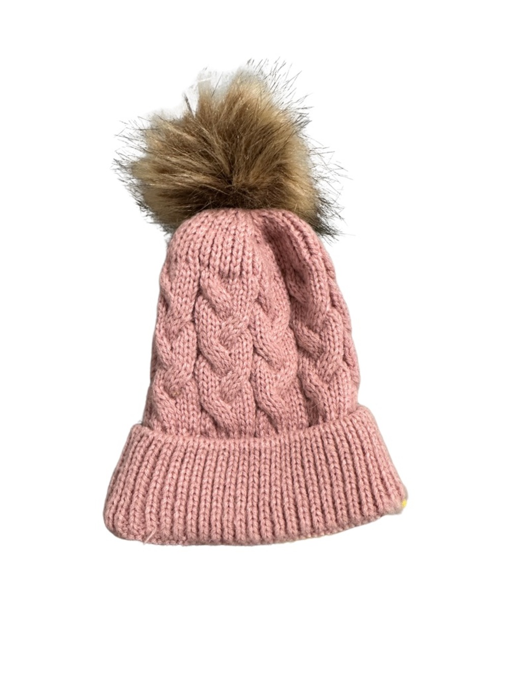 Kids Pink Cable Knit Pom Beanie Hat with Faux Fur Pom